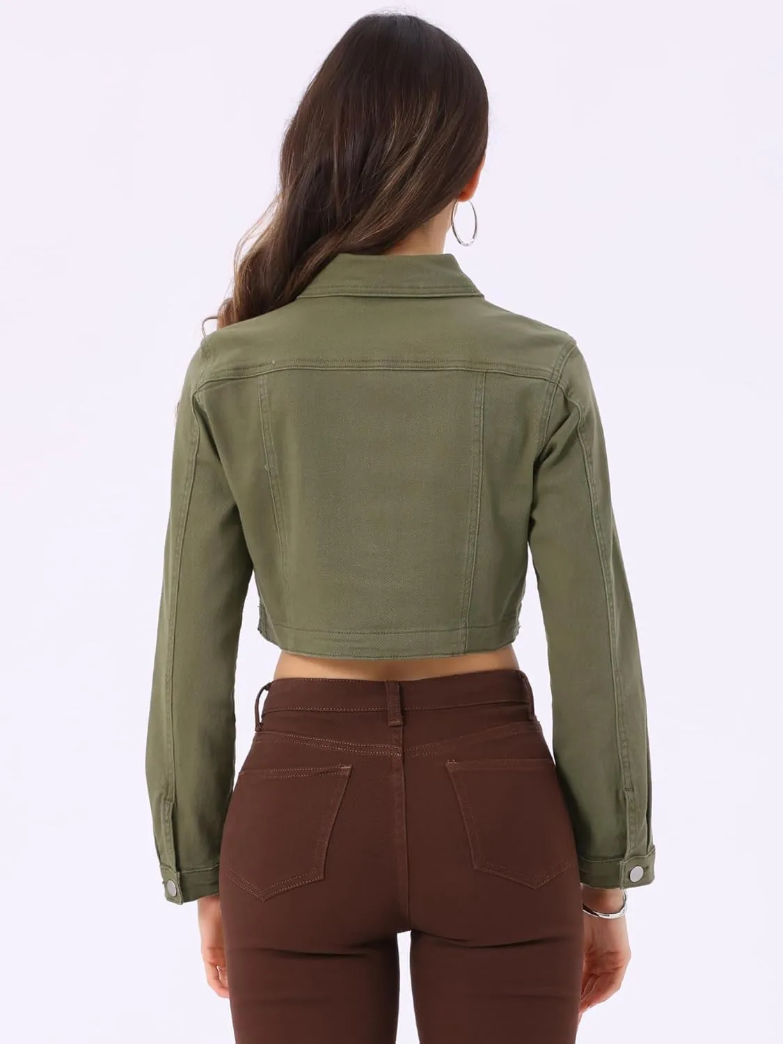 Allegra K Casual Denim Jacket for Women's Collared Button Down Long Sleeve Crop Jean Jackets