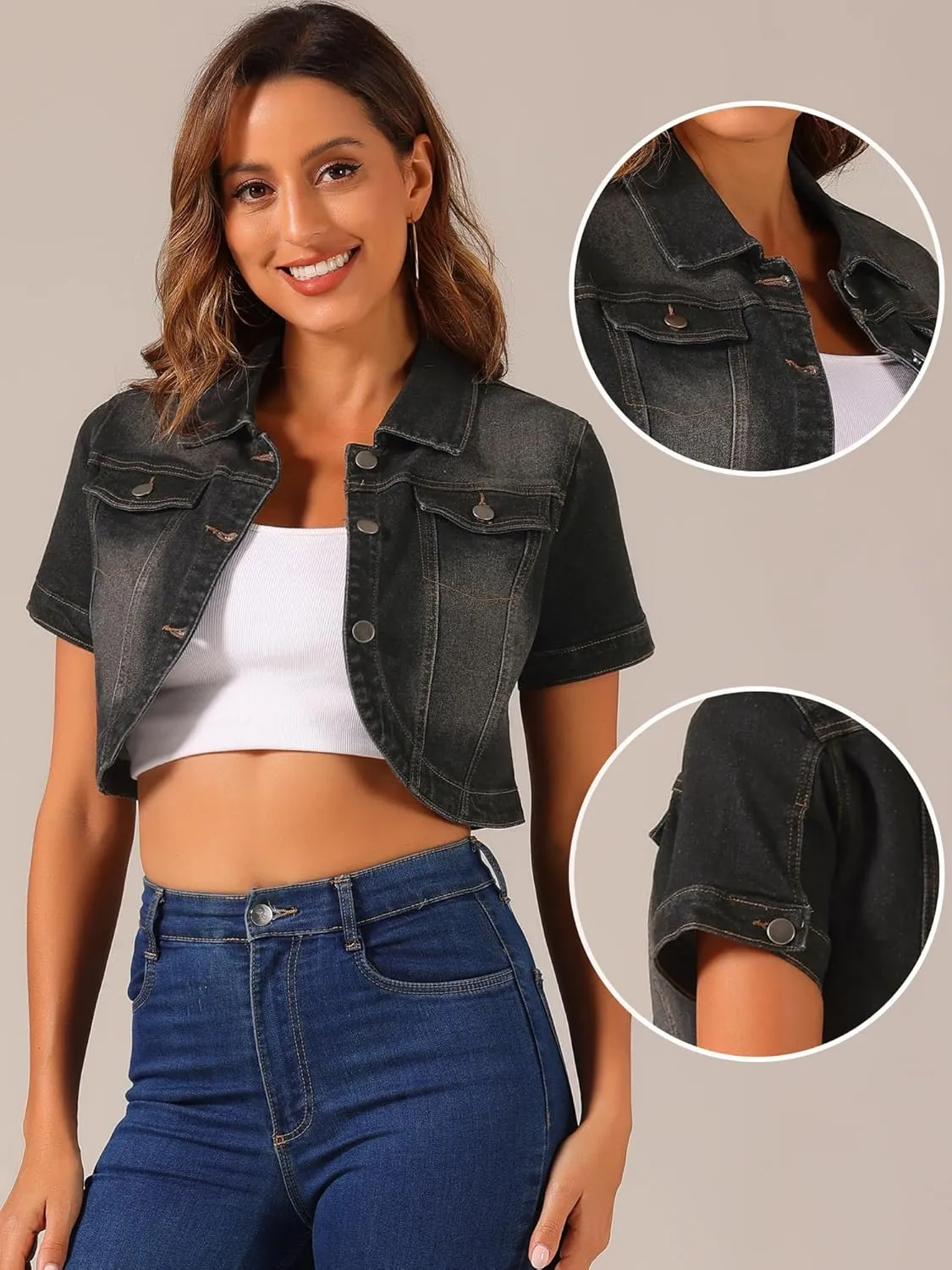 Allegra K Casual Denim Jacket for Women's Turndown Collar Short Sleeves Crop Jean Jackets