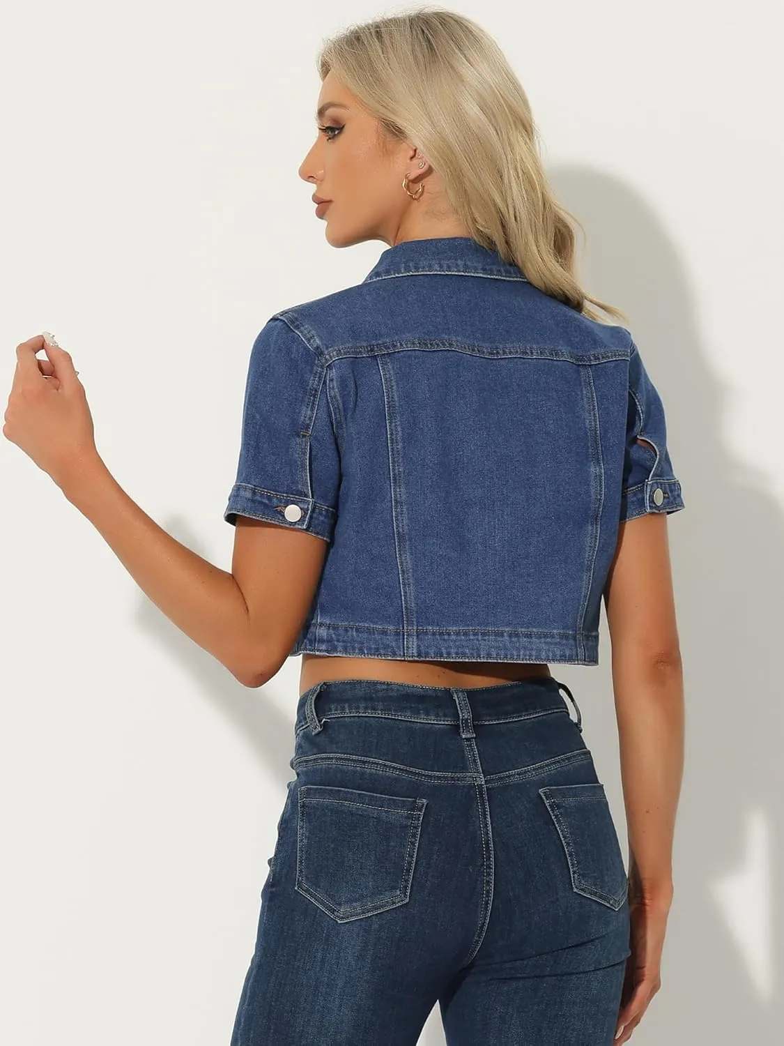 Allegra K Casual Denim Jacket for Women's Turndown Collar Short Sleeves Crop Jean Jackets