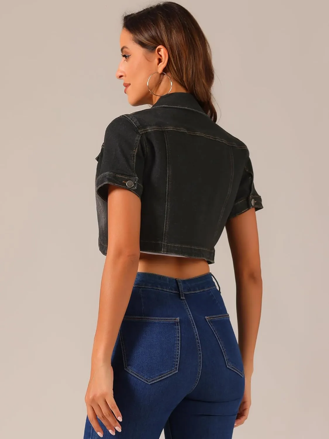 Allegra K Casual Denim Jacket for Women's Turndown Collar Short Sleeves Crop Jean Jackets
