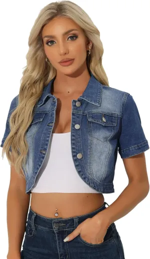 Allegra K Casual Denim Jacket for Women's Turndown Collar Short Sleeves Crop Jean Jackets