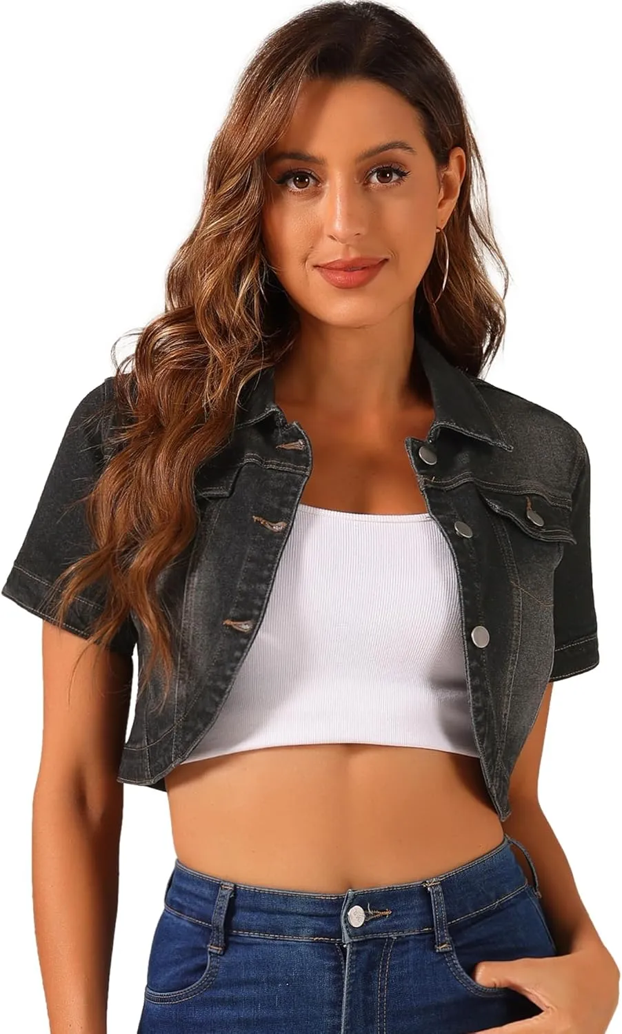 Allegra K Casual Denim Jacket for Women's Turndown Collar Short Sleeves Crop Jean Jackets