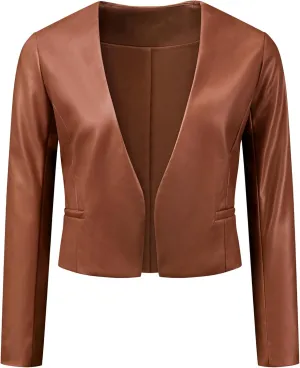 Allegra K Faux Leather Crop Blazer for Women's Collarless Open Front PU Moto Biker Jackets