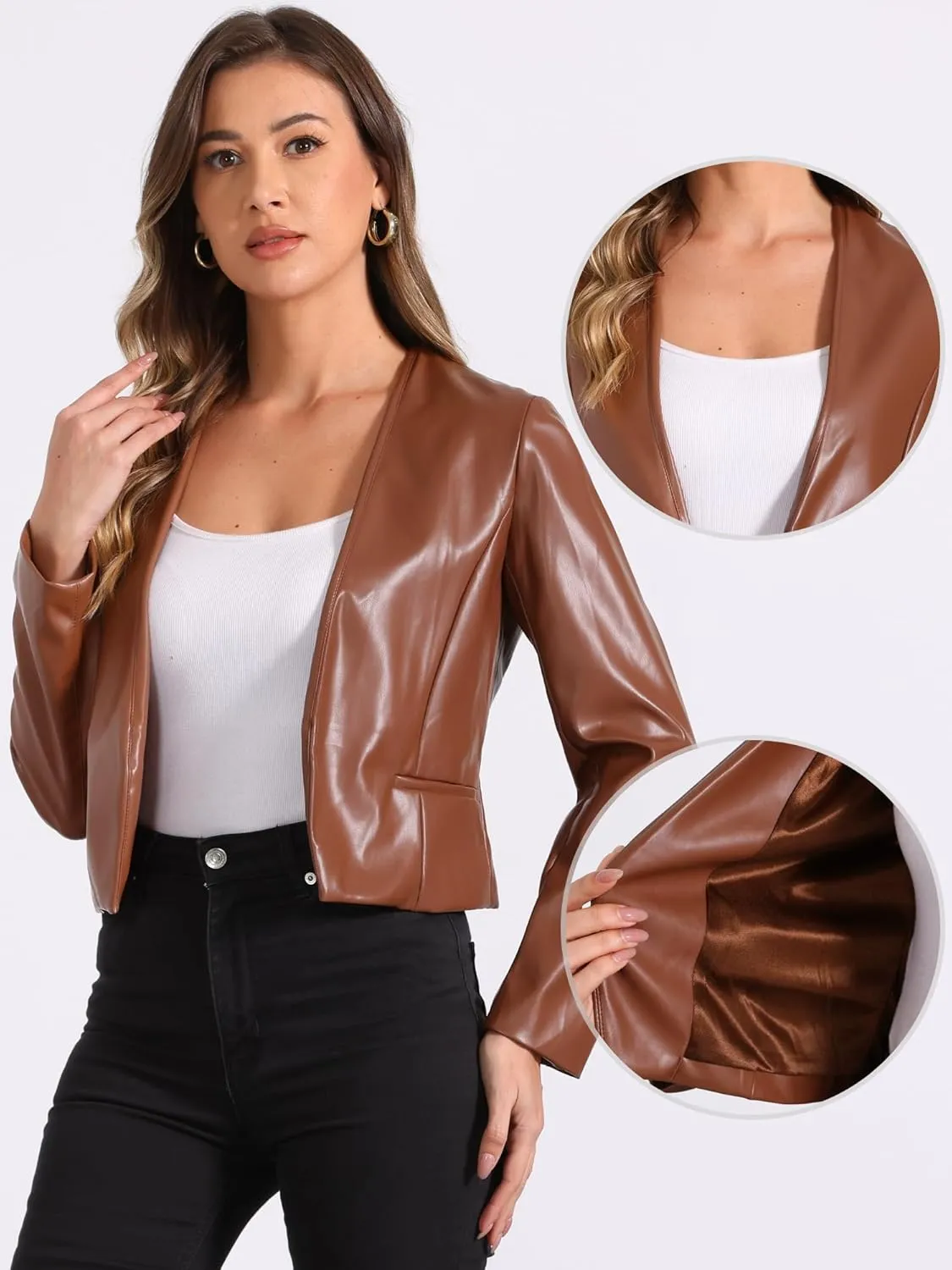 Allegra K Faux Leather Crop Blazer for Women's Collarless Open Front PU Moto Biker Jackets