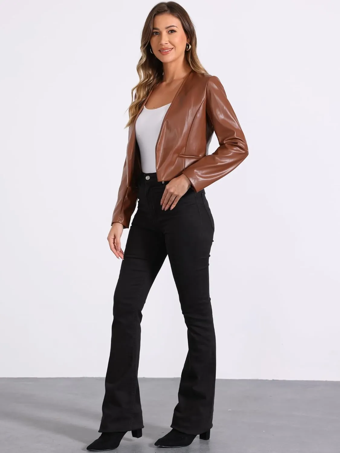 Allegra K Faux Leather Crop Blazer for Women's Collarless Open Front PU Moto Biker Jackets