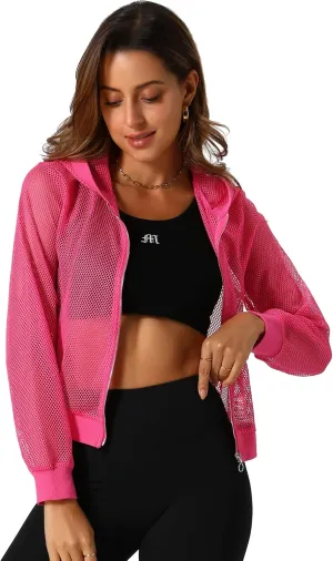 Allegra K Hoodie Jacket for Women's 2024 Zip Up Long Sleeve Mesh Sheer Bomber Jackets