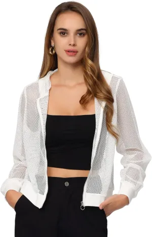 Allegra K Hoodie Jacket for Women's 2024 Zip Up Long Sleeve Mesh Sheer Bomber Jackets
