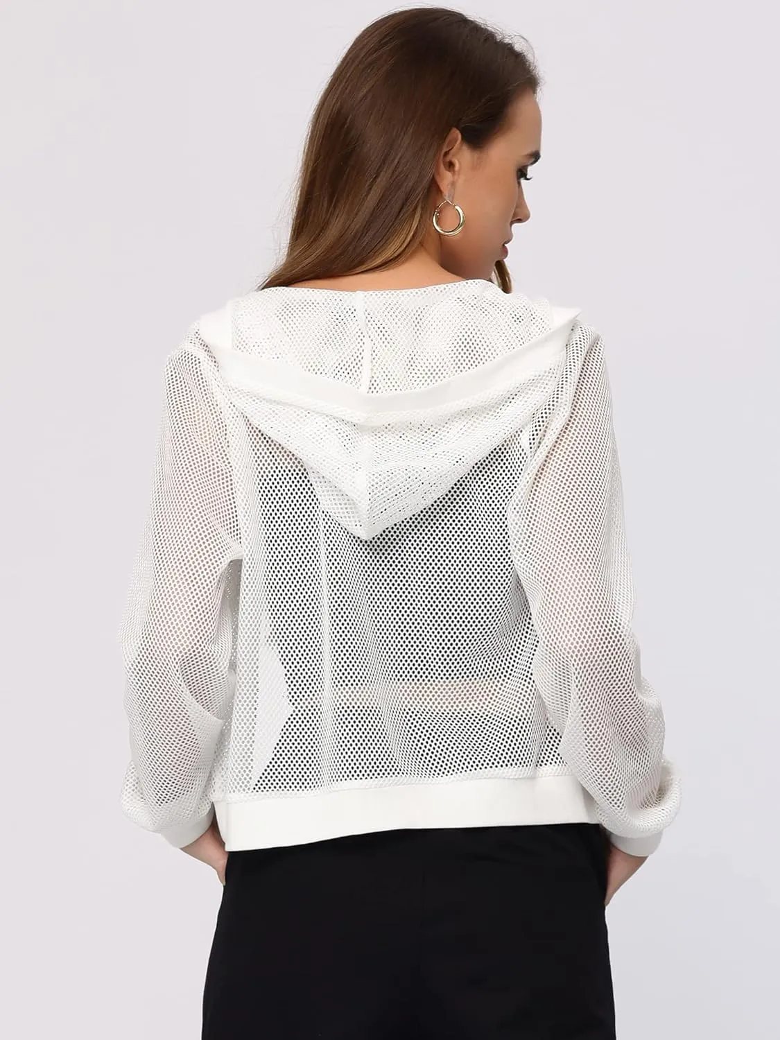 Allegra K Hoodie Jacket for Women's 2024 Zip Up Long Sleeve Mesh Sheer Bomber Jackets