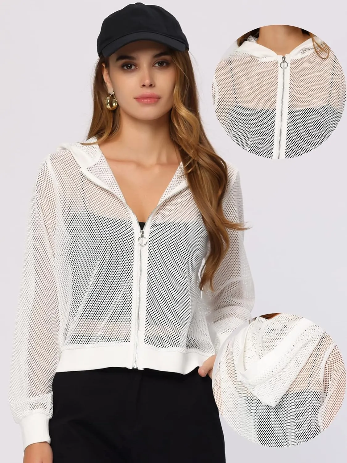 Allegra K Hoodie Jacket for Women's 2024 Zip Up Long Sleeve Mesh Sheer Bomber Jackets