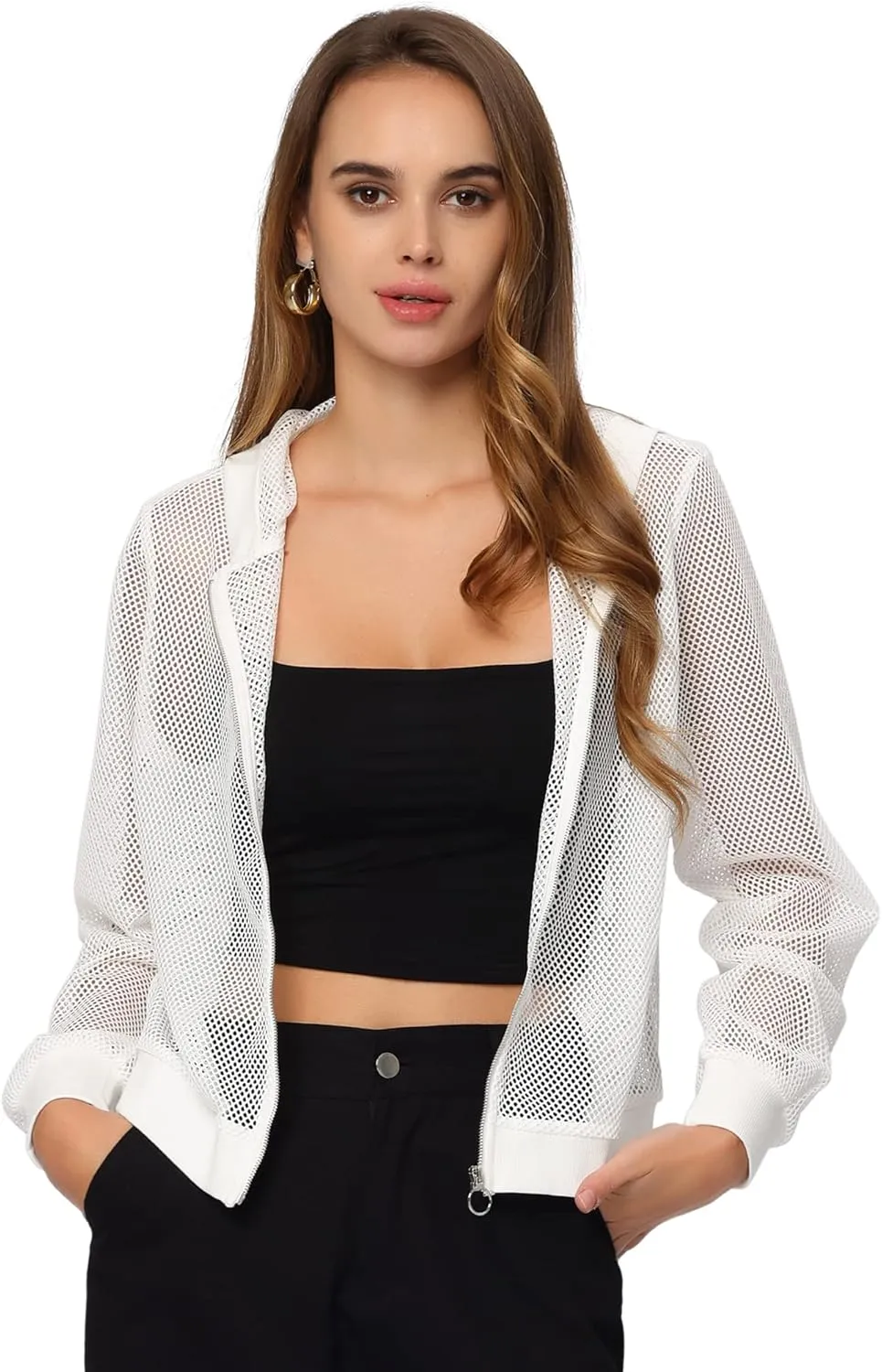 Allegra K Hoodie Jacket for Women's 2024 Zip Up Long Sleeve Mesh Sheer Bomber Jackets
