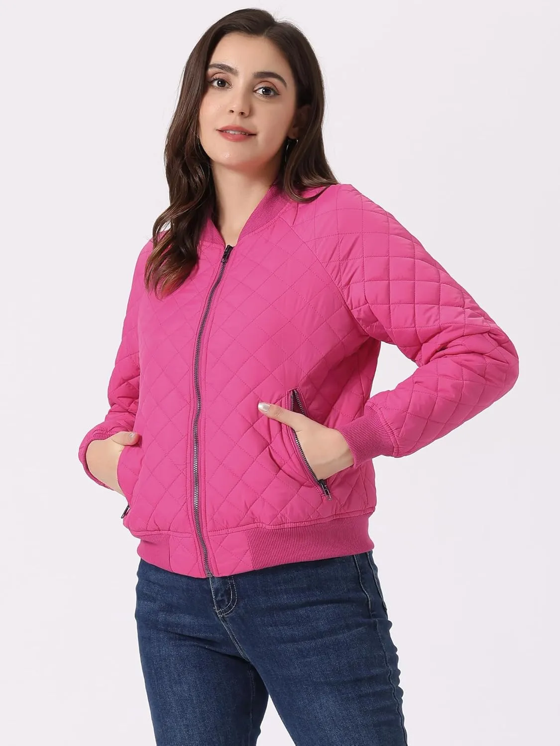 Allegra K Quilted Bomber Jacket for Women's Zip Up Raglan Jackets