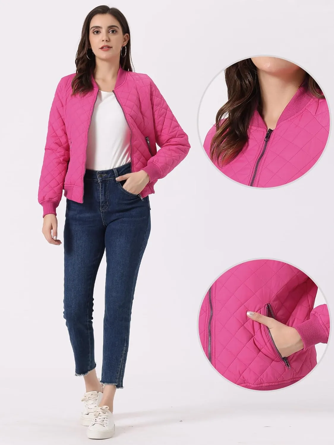 Allegra K Quilted Bomber Jacket for Women's Zip Up Raglan Jackets