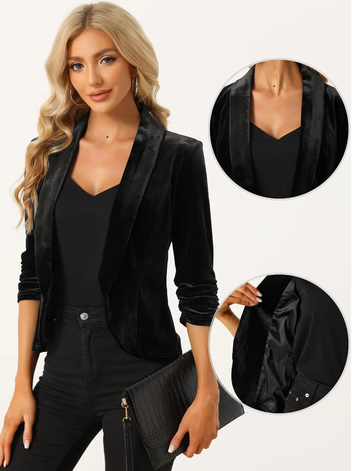 Allegra K Velvet Jackets for Women's 3/4 Sleeve Open Front Velvet Cardigan