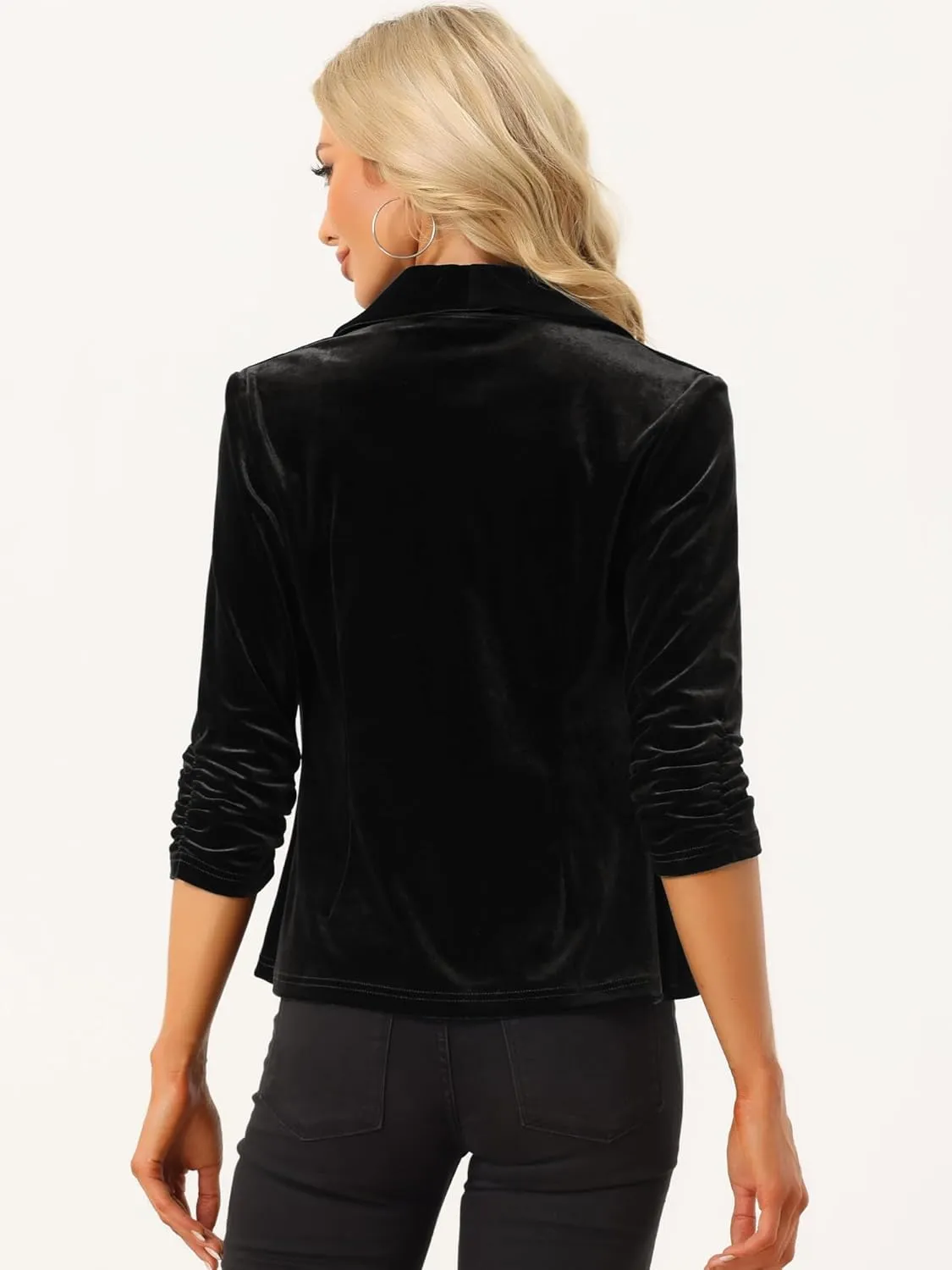 Allegra K Velvet Jackets for Women's 3/4 Sleeve Open Front Velvet Cardigan