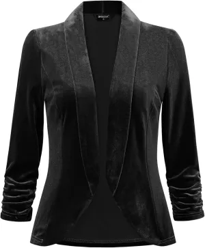 Allegra K Velvet Jackets for Women's 3/4 Sleeve Open Front Velvet Cardigan