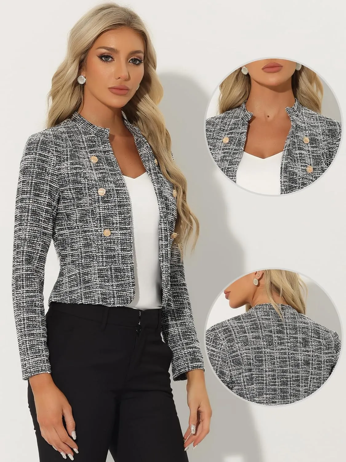 Allegra K Vintage Tweed Jackets for Women's Stand Collar Business Open Front Cropped Jacket