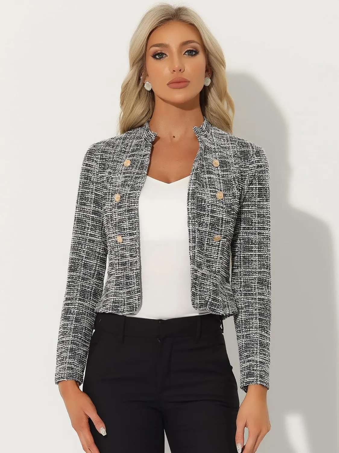 Allegra K Vintage Tweed Jackets for Women's Stand Collar Business Open Front Cropped Jacket