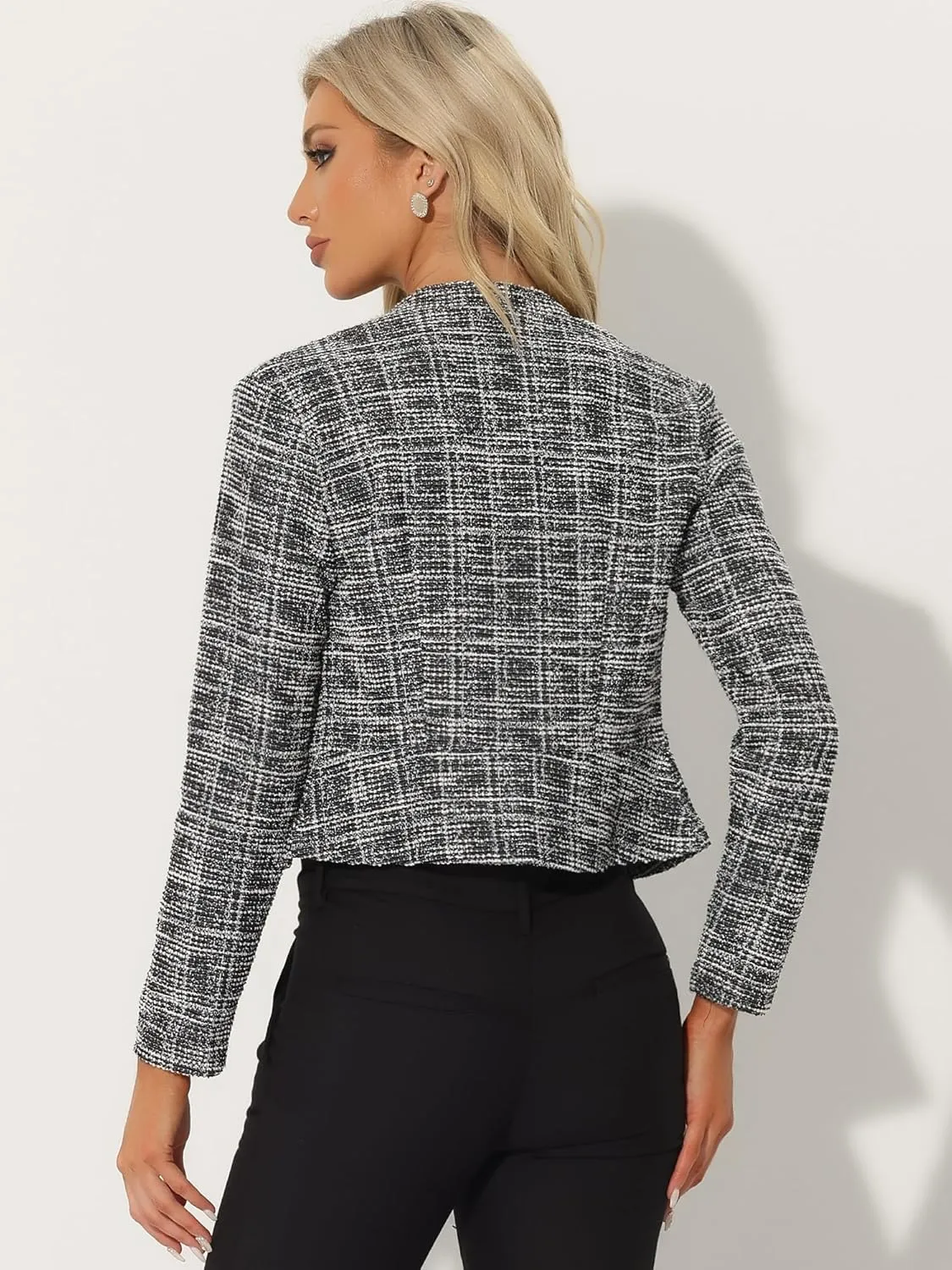 Allegra K Vintage Tweed Jackets for Women's Stand Collar Business Open Front Cropped Jacket