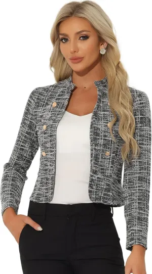 Allegra K Vintage Tweed Jackets for Women's Stand Collar Business Open Front Cropped Jacket