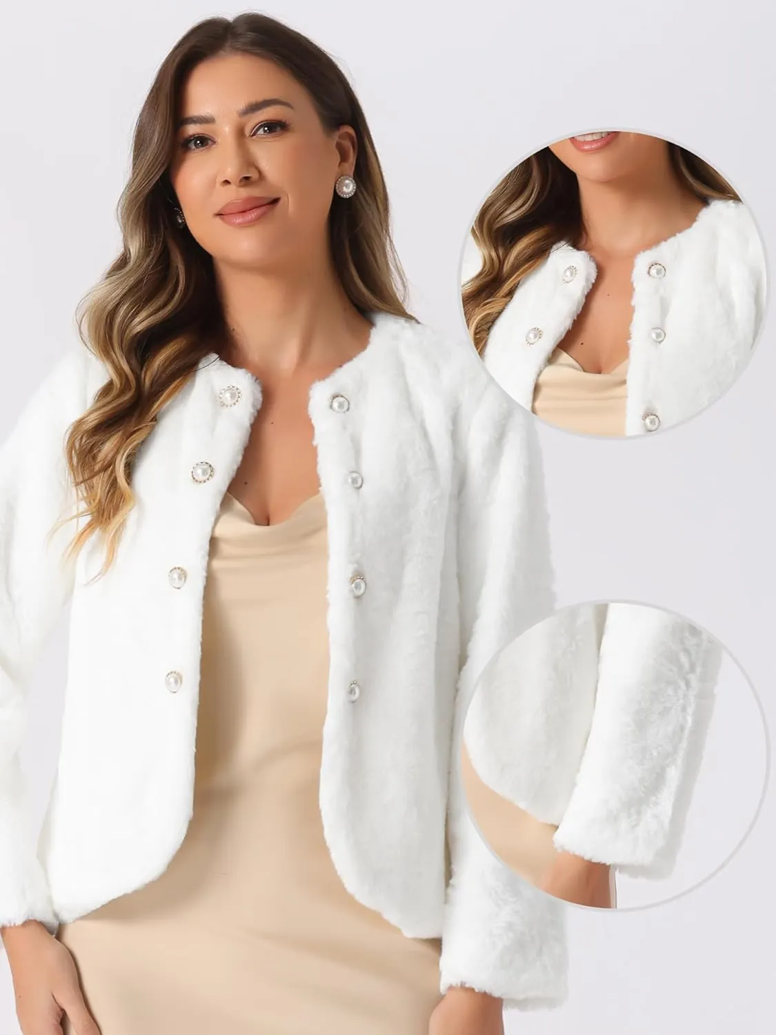 Allegra K Winter Faux Fur Coat Jacket for Women Long Sleeve Pockets Pearl Button Fluffy Cropped Cardigan Outerwear