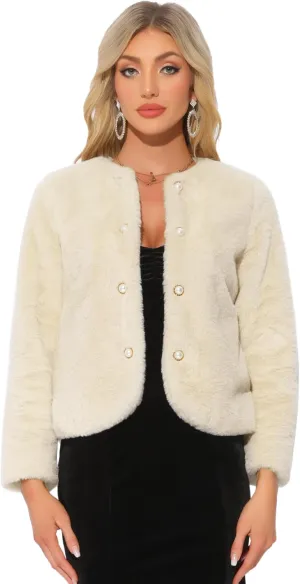 Allegra K Winter Faux Fur Coat Jacket for Women Long Sleeve Pockets Pearl Button Fluffy Cropped Cardigan Outerwear