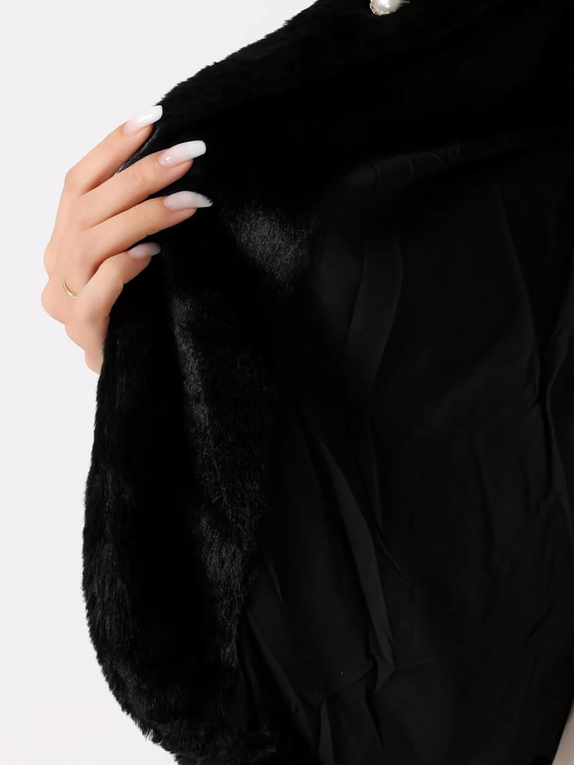 Allegra K Winter Faux Fur Coat Jacket for Women Long Sleeve Pockets Pearl Button Fluffy Cropped Cardigan Outerwear