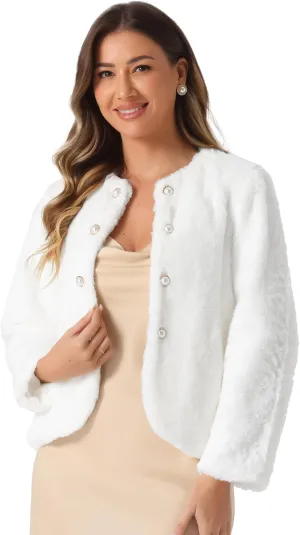 Allegra K Winter Faux Fur Coat Jacket for Women Long Sleeve Pockets Pearl Button Fluffy Cropped Cardigan Outerwear