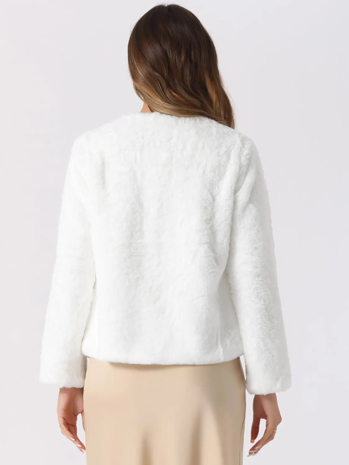 Allegra K Winter Faux Fur Coat Jacket for Women Long Sleeve Pockets Pearl Button Fluffy Cropped Cardigan Outerwear