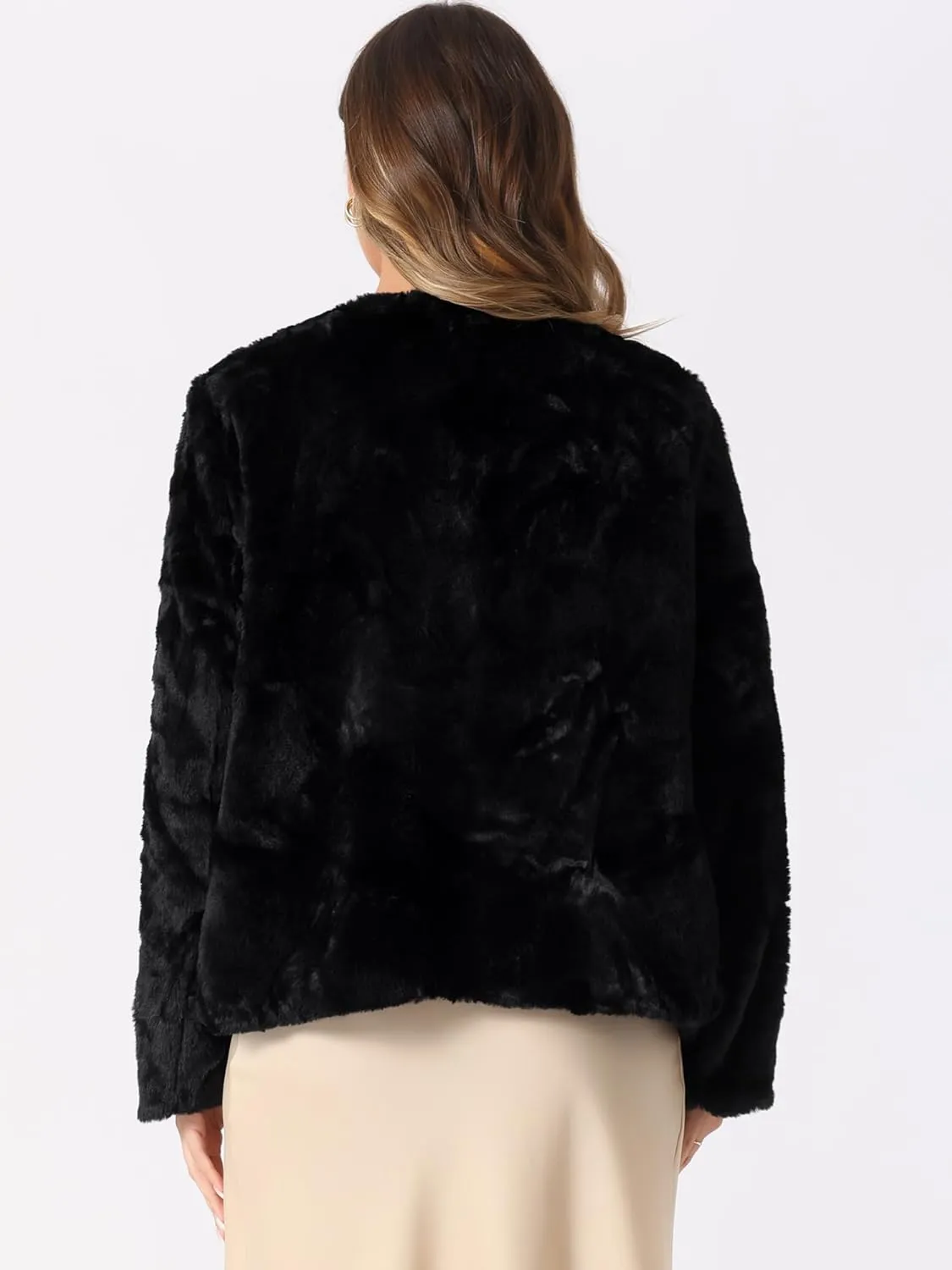 Allegra K Winter Faux Fur Coat Jacket for Women Long Sleeve Pockets Pearl Button Fluffy Cropped Cardigan Outerwear