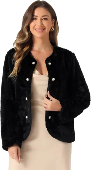 Allegra K Winter Faux Fur Coat Jacket for Women Long Sleeve Pockets Pearl Button Fluffy Cropped Cardigan Outerwear