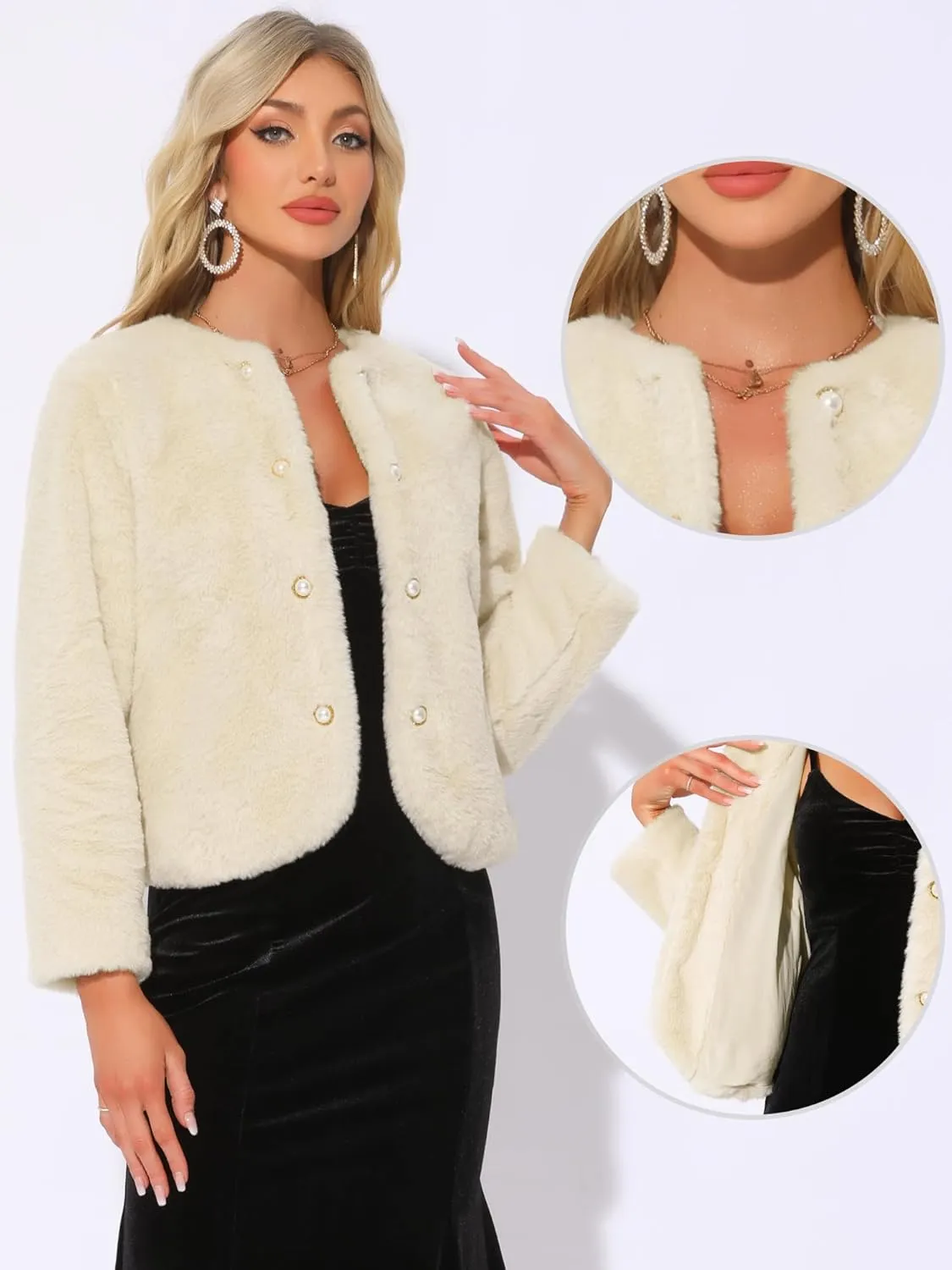 Allegra K Winter Faux Fur Coat Jacket for Women Long Sleeve Pockets Pearl Button Fluffy Cropped Cardigan Outerwear
