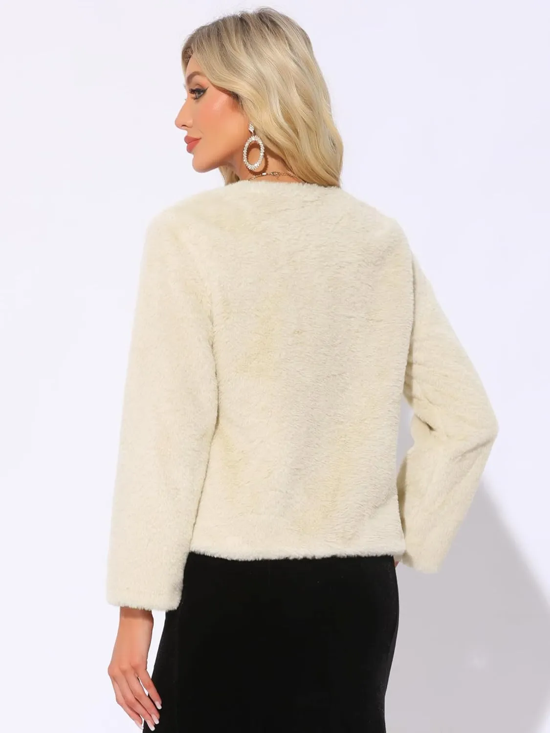 Allegra K Winter Faux Fur Coat Jacket for Women Long Sleeve Pockets Pearl Button Fluffy Cropped Cardigan Outerwear