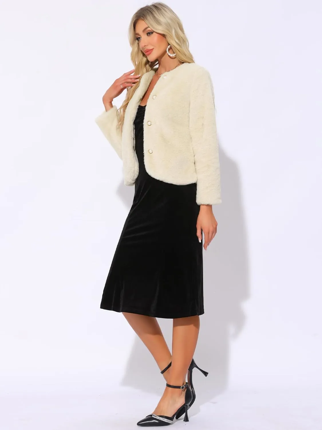 Allegra K Winter Faux Fur Coat Jacket for Women Long Sleeve Pockets Pearl Button Fluffy Cropped Cardigan Outerwear