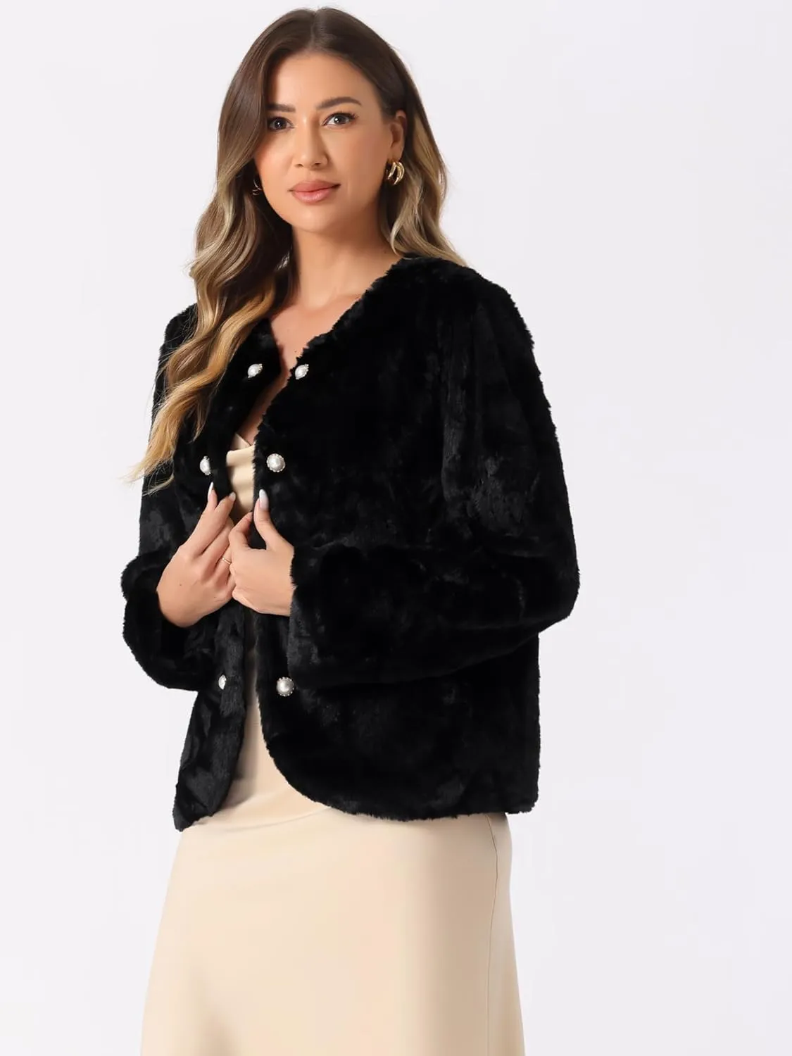 Allegra K Winter Faux Fur Coat Jacket for Women Long Sleeve Pockets Pearl Button Fluffy Cropped Cardigan Outerwear