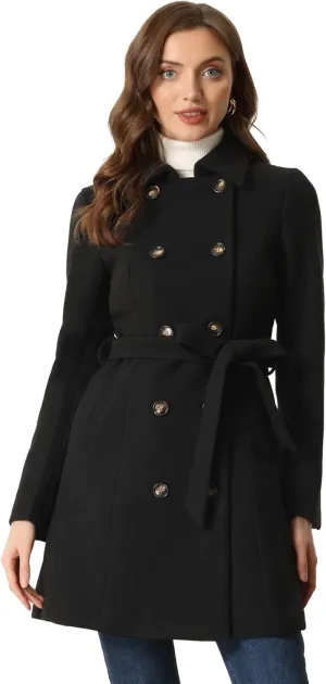 Allegra K Winter Pea Coat for Women's Lapel Belted Outwear Double Breasted Mid Long Overcoat