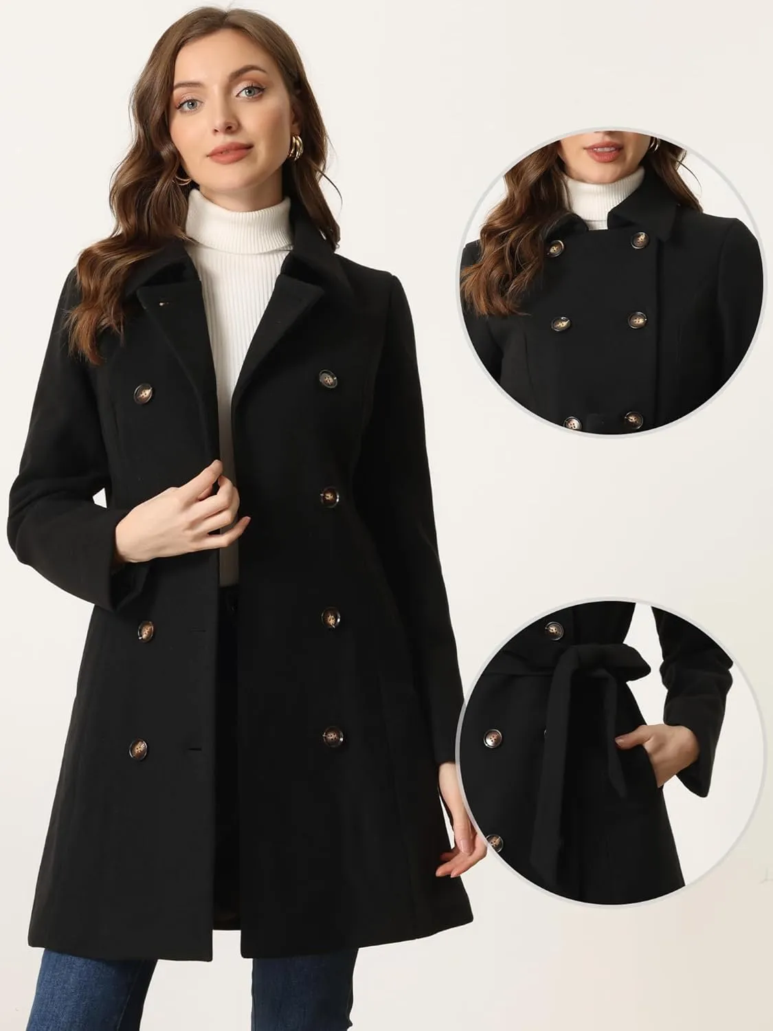 Allegra K Winter Pea Coat for Women's Lapel Belted Outwear Double Breasted Mid Long Overcoat