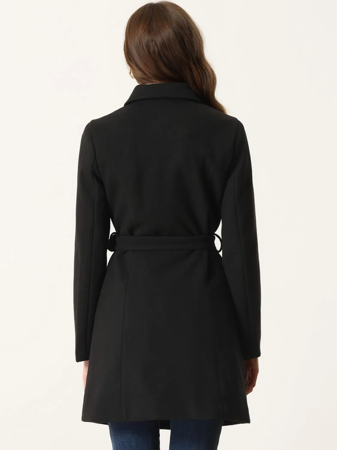 Allegra K Winter Pea Coat for Women's Lapel Belted Outwear Double Breasted Mid Long Overcoat