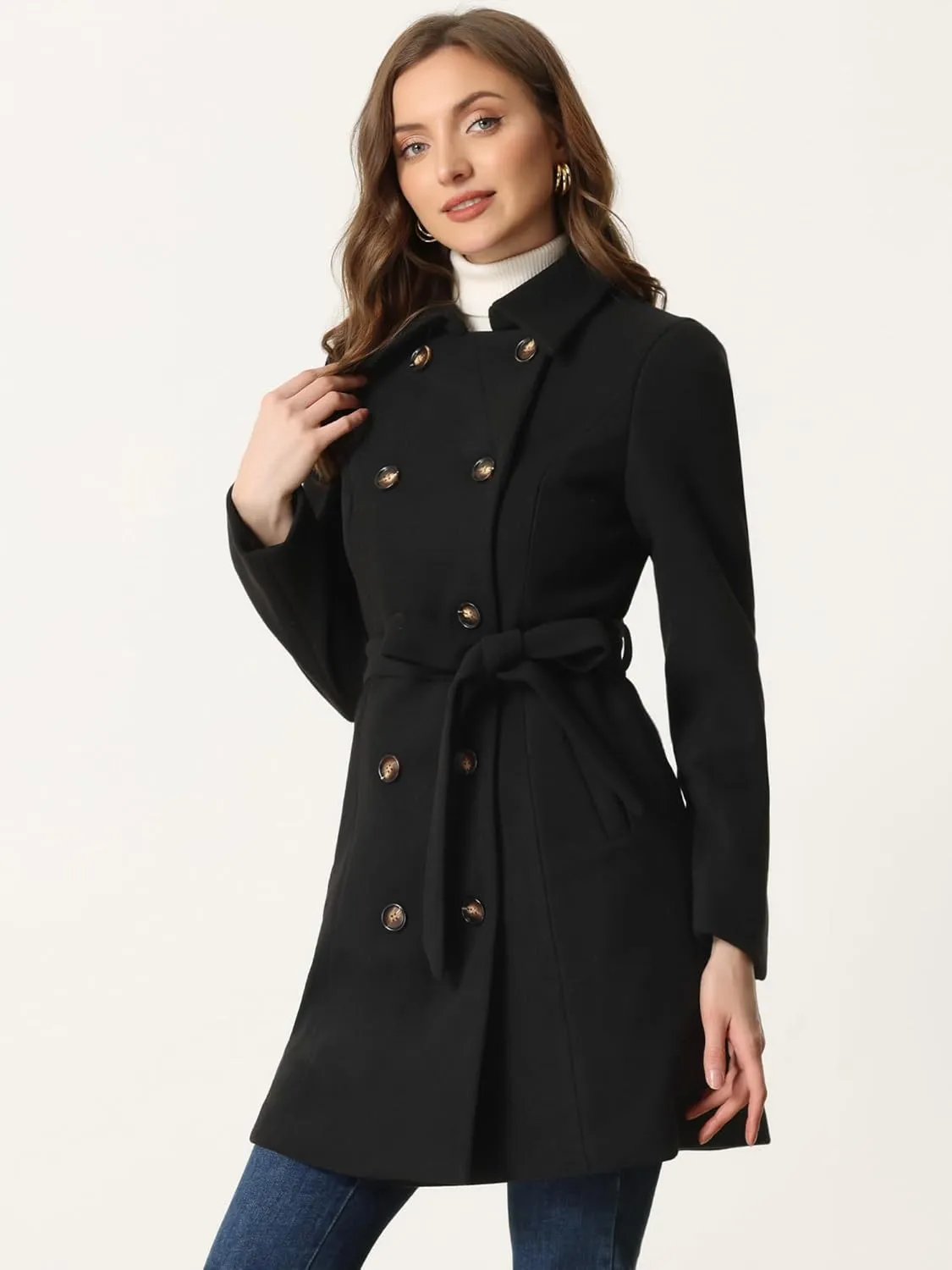 Allegra K Winter Pea Coat for Women's Lapel Belted Outwear Double Breasted Mid Long Overcoat
