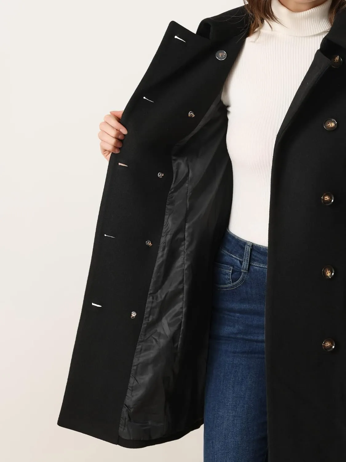 Allegra K Winter Pea Coat for Women's Lapel Belted Outwear Double Breasted Mid Long Overcoat