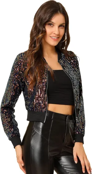 Allegra K Women Sequin Jackets 2025 Party Club Sparkly Cropped Bomber Jacket Disco Outfit