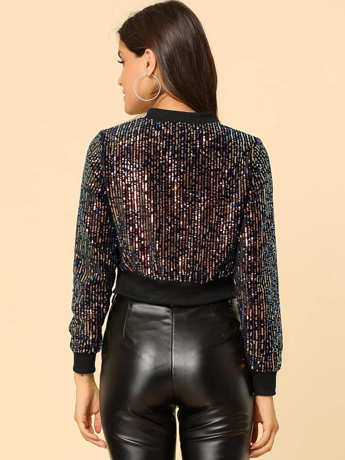 Allegra K Women Sequin Jackets 2025 Party Club Sparkly Cropped Bomber Jacket Disco Outfit
