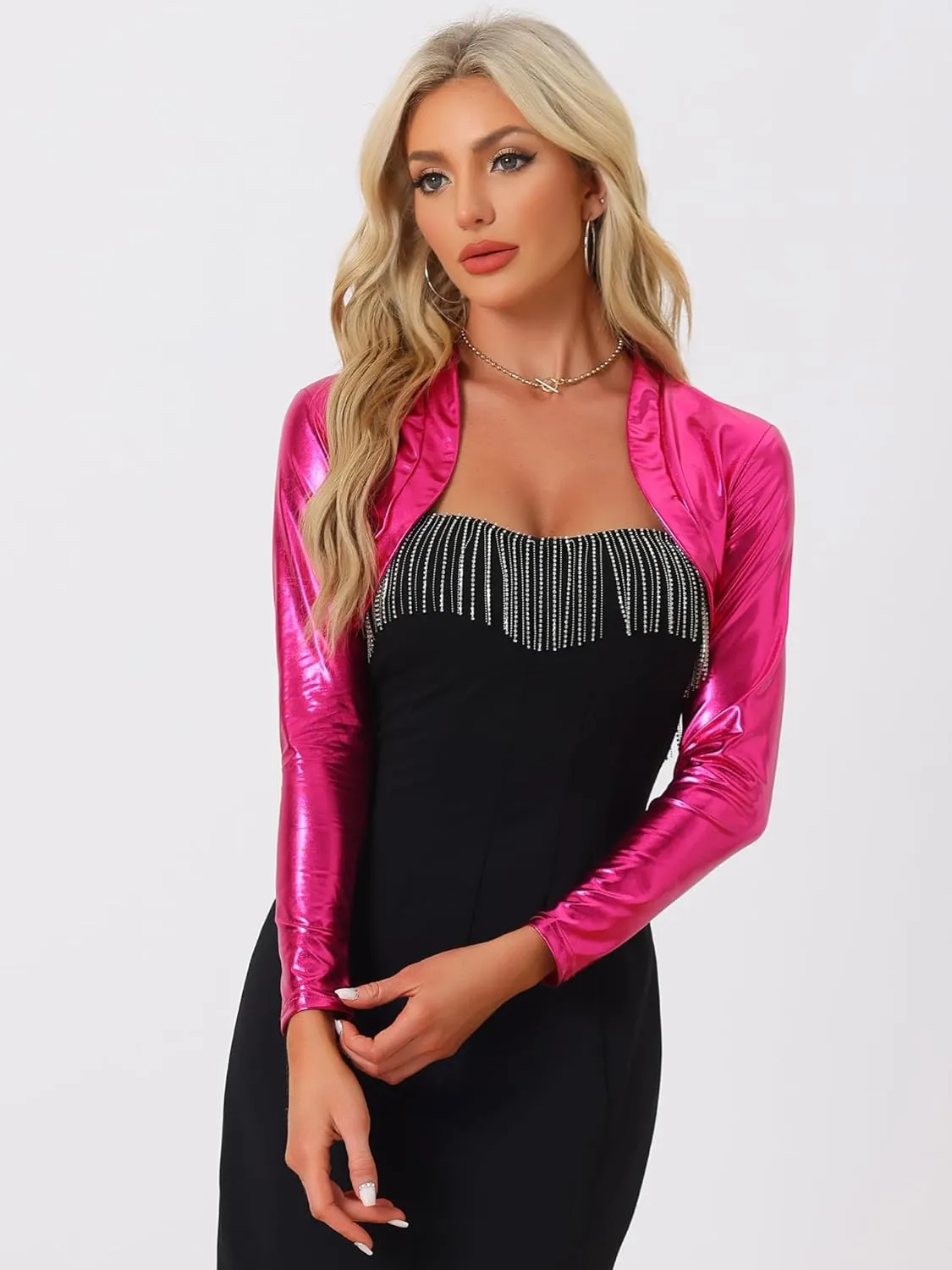 Allegra K Women's Bolero Jackets Holographic Shrug Open Front Metallic Shiny Cropped Cardigan