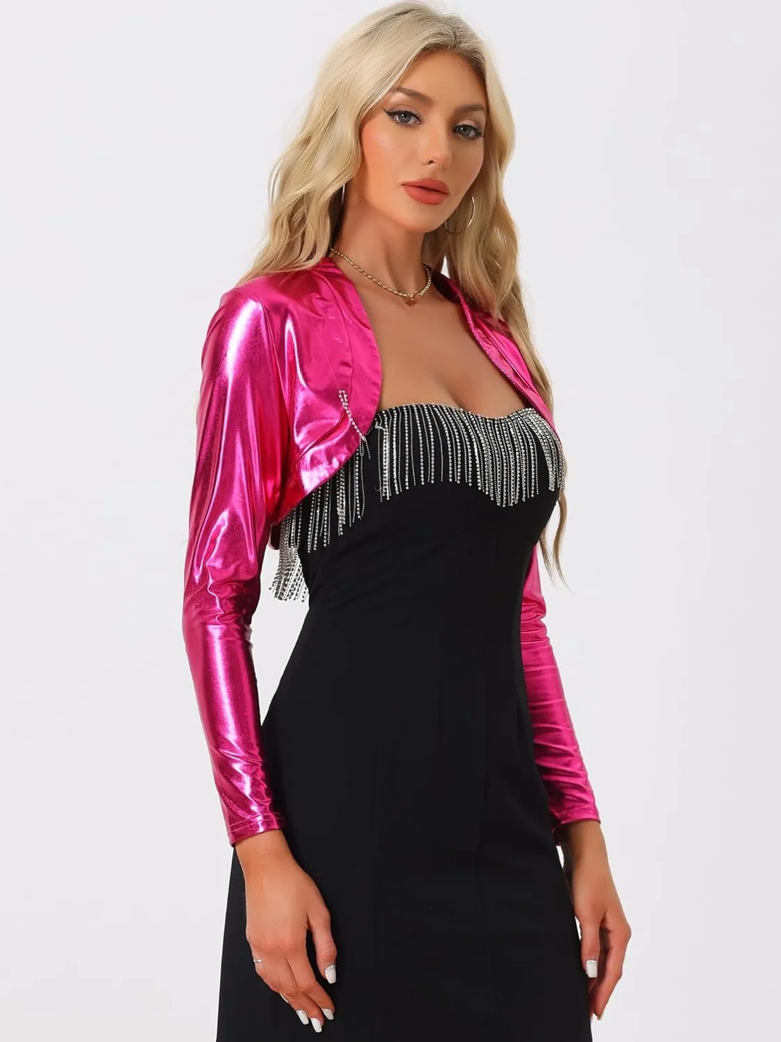 Allegra K Women's Bolero Jackets Holographic Shrug Open Front Metallic Shiny Cropped Cardigan