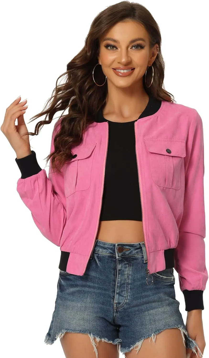 Allegra K Women's Bomber Jacket Long Sleeve Casual Lightweight Zip Up Fall Coat Outerwear Windbreaker