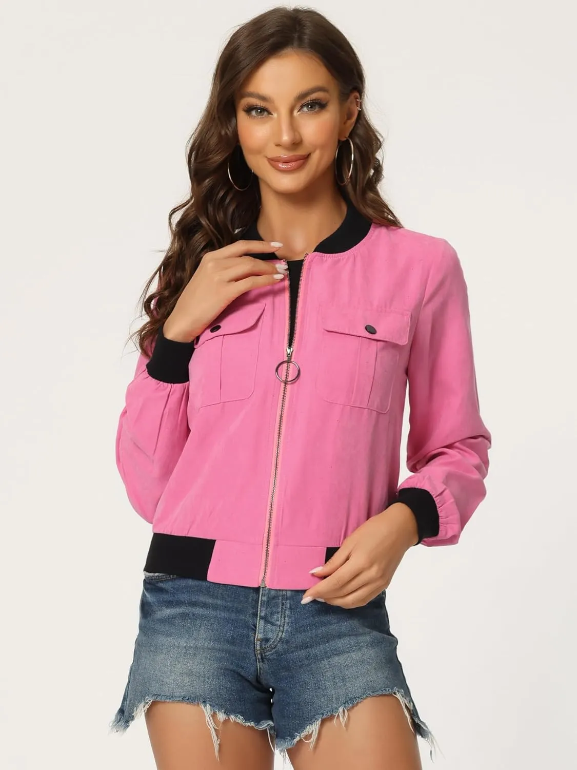 Allegra K Women's Bomber Jacket Long Sleeve Casual Lightweight Zip Up Fall Coat Outerwear Windbreaker