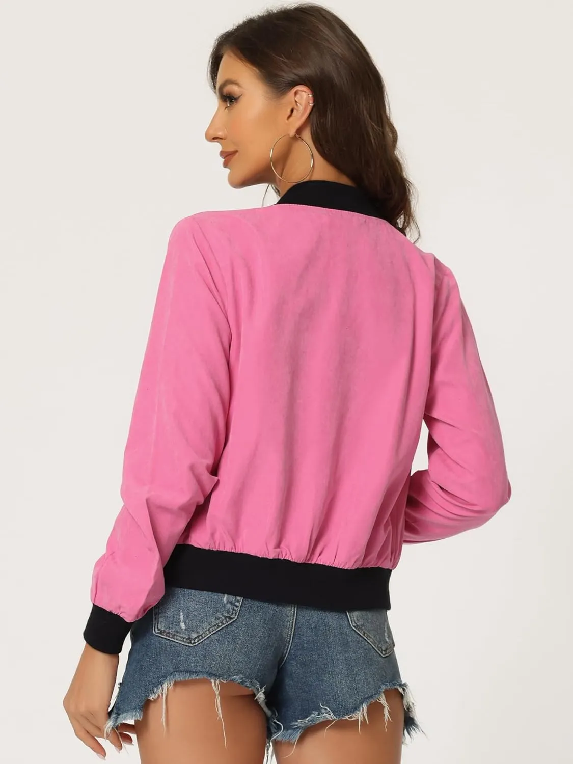 Allegra K Women's Bomber Jacket Long Sleeve Casual Lightweight Zip Up Fall Coat Outerwear Windbreaker