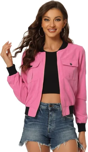 Allegra K Women's Bomber Jacket Long Sleeve Casual Lightweight Zip Up Fall Coat Outerwear Windbreaker