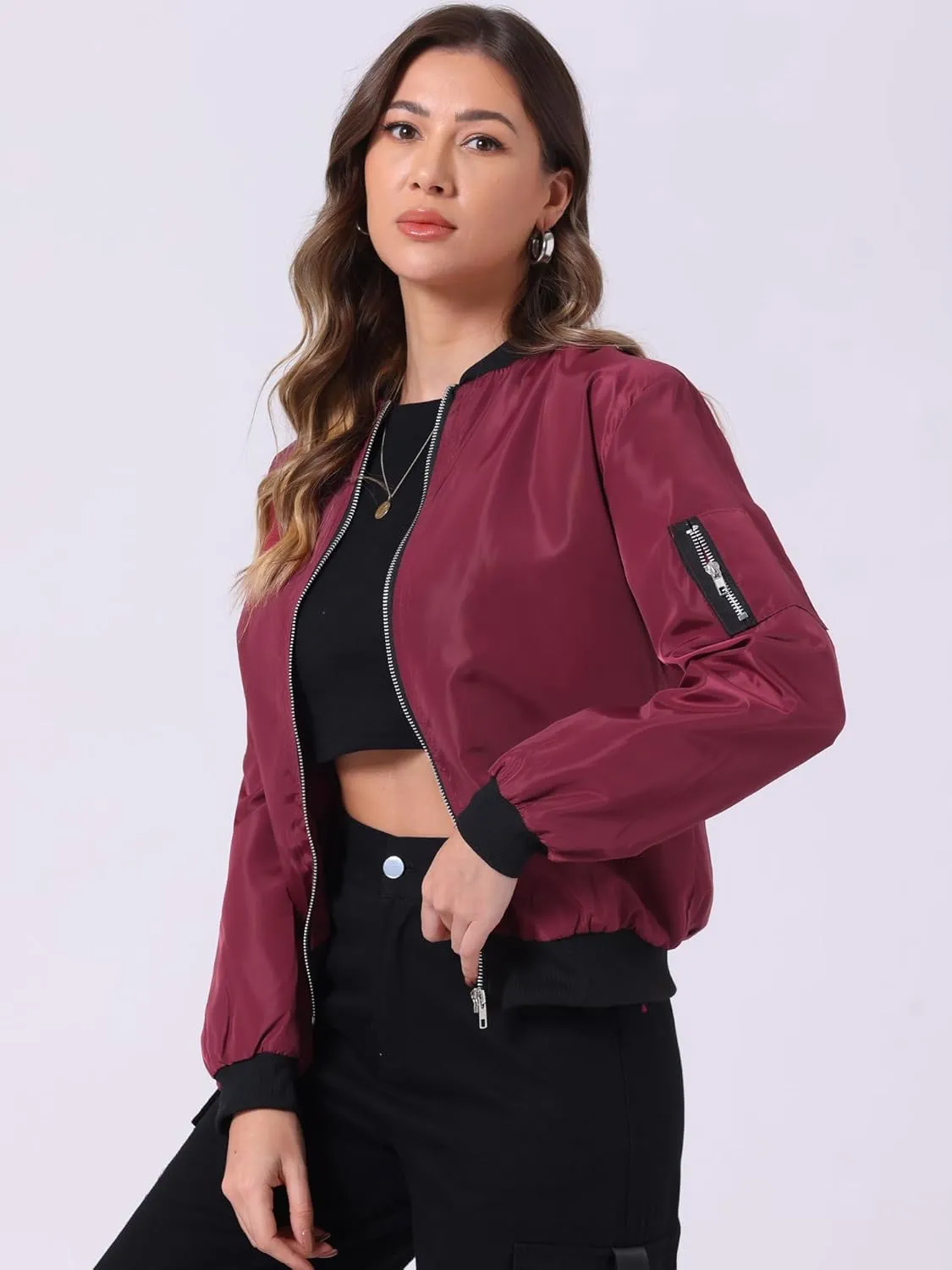 Allegra K Women's Casual Zip Up Bomber Jacket Windbreaker Outerwear with Pockets