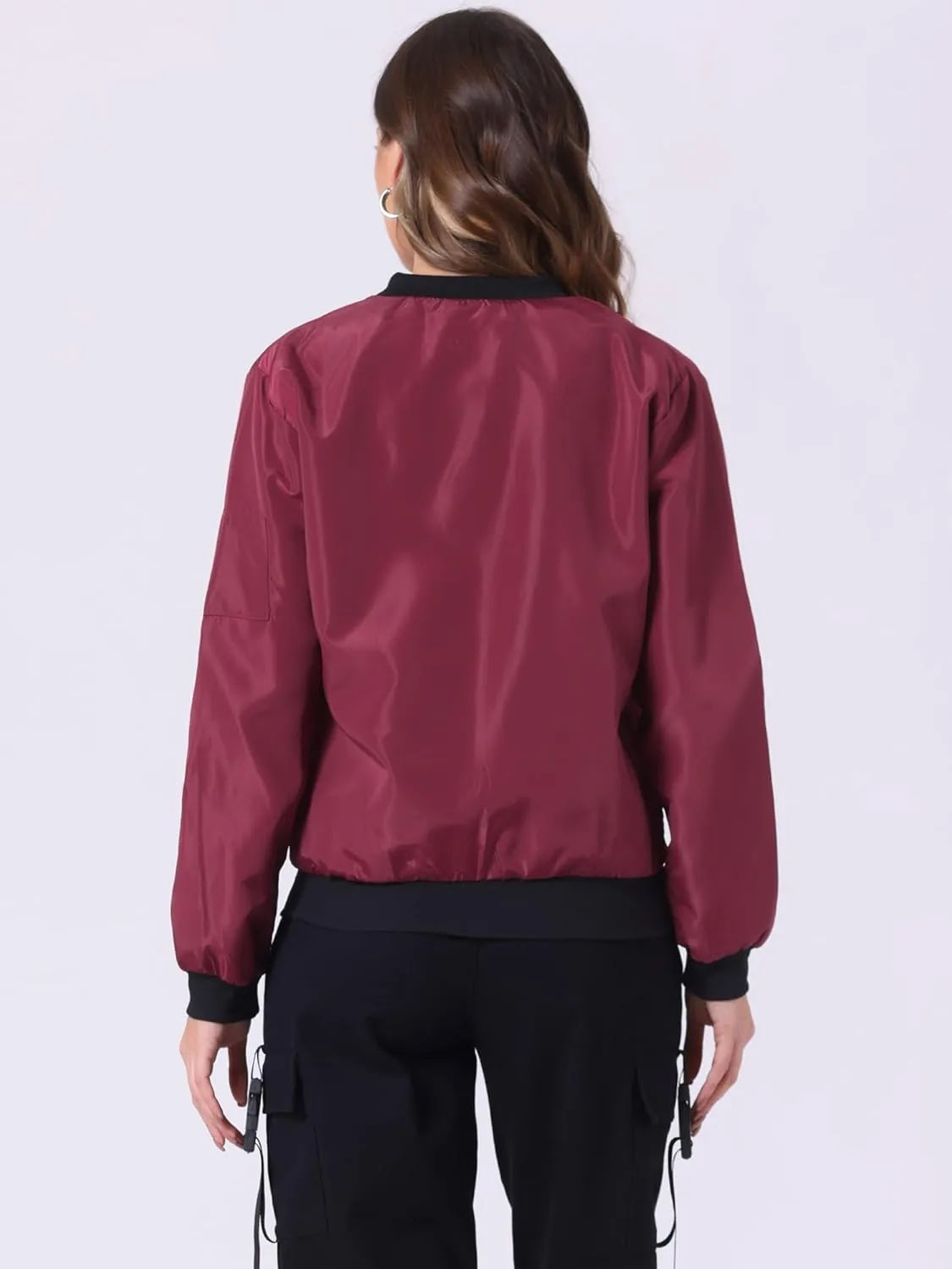 Allegra K Women's Casual Zip Up Bomber Jacket Windbreaker Outerwear with Pockets
