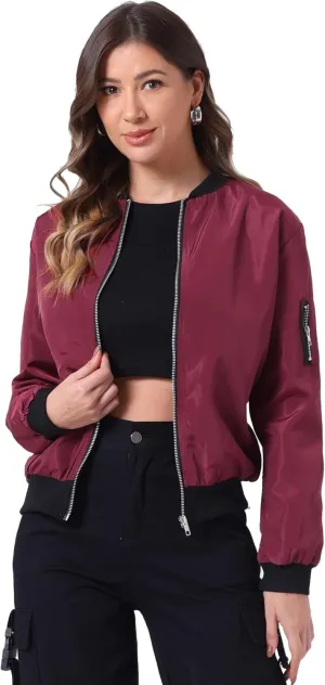 Allegra K Women's Casual Zip Up Bomber Jacket Windbreaker Outerwear with Pockets